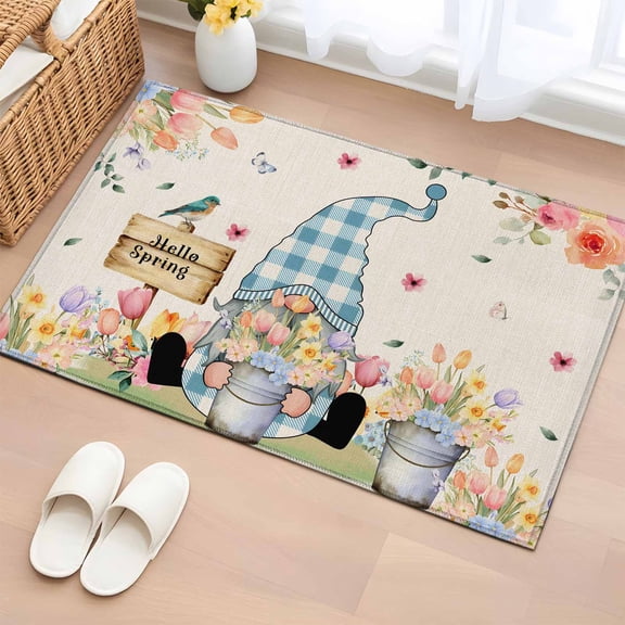 Area Rug 2x3ft, Rustic Gnome Farmhouse Flower Washable Rugs for Living Room Bedroom, Spring Pastoral Linen Theme Soft Non-slip Area Rugs Rectangle Floor Carpet for Dining Room