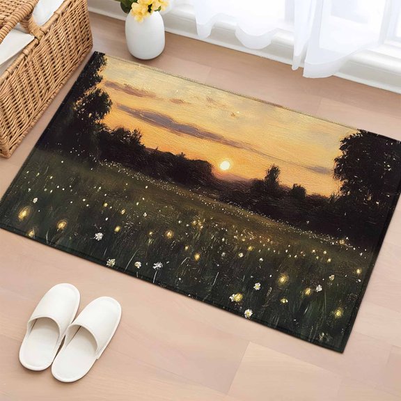 Area Rug 2x3ft Rustic Grass Sunset Field Area Rugs Washable Low Pile Floor Carpet for Bedroom, Animals Fireflies Pattern Non Slip Soft Rugs for Living Room Entryway Dining Room