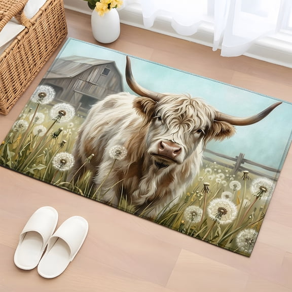 Area Rug 2x3ft, Rustic Highland Cow Dandelion Washable Rugs for Living Room Bedroom, Farm Wood Barn Glassland Soft Non-slip Area Rugs Rectangle Floor Carpet for Dining Room