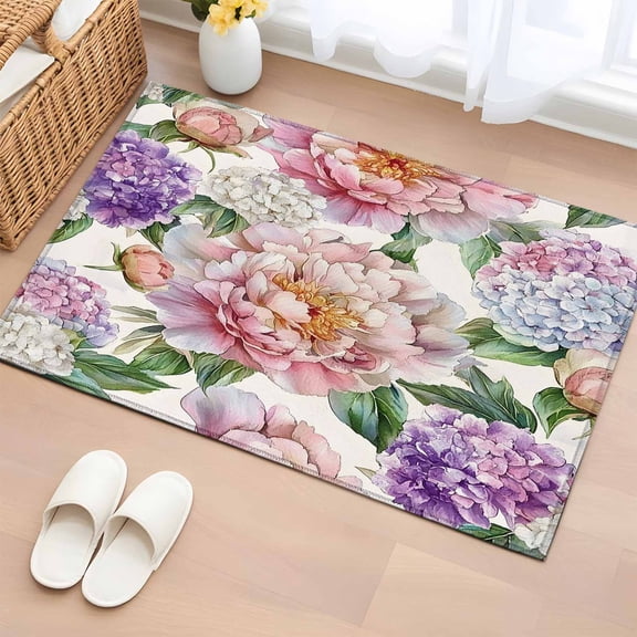 Area Rug 2x3ft Rustic Hydrangea Flower Leaf Area Rugs Washable Low Pile Floor Carpet for Bedroom, Pastoral Pink Purple Floral Non Slip Soft Rugs for Living Room Entryway Dining Room