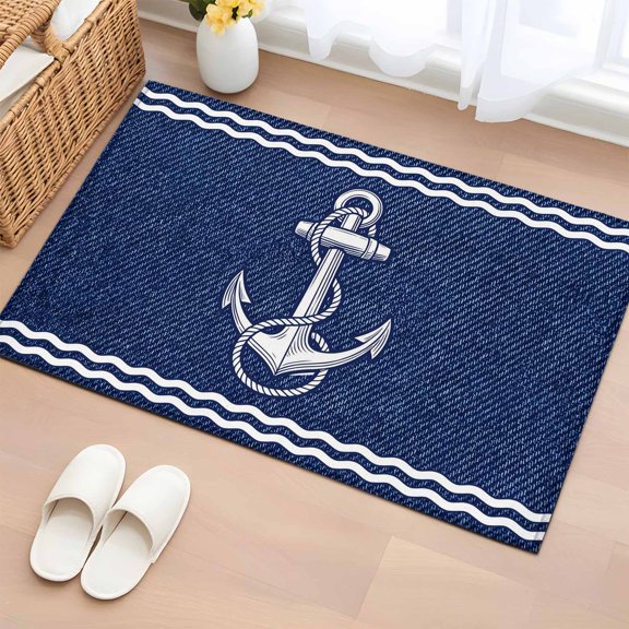 Area Rug 2x3ft, Rustic Midnight Blue Ship Anchor Washable Rugs for Living Room Bedroom, Nautical Ocean Waves Soft Non-slip Area Rugs Rectangle Floor Carpet for Dining Room