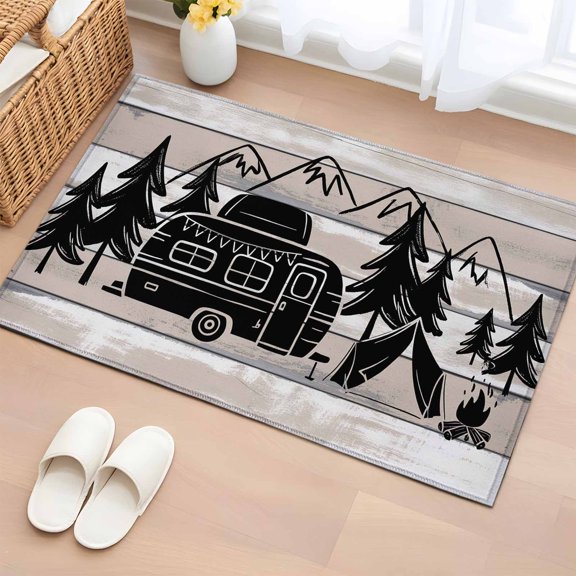 Area Rug 2x3ft Rustic Mountain Trees Camper Sketch Area Rugs Washable Low Pile Floor Carpet for Bedroom, Home Quote on Wood Grain Non Slip Soft Rugs for Living Room Entryway Dining Room