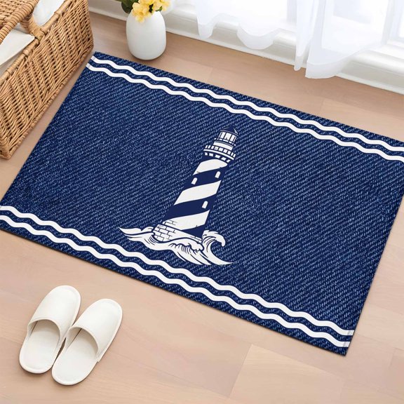 Area Rug 2x3ft Rustic Nautical Lighthouse Blue Area Rugs Washable Low Pile Floor Carpet for Bedroom, Classic Denim Marine Theme Non Slip Soft Rugs for Living Room Entryway Dining Room