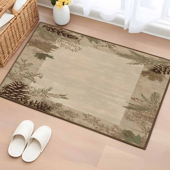 Area Rug 2x3ft, Rustic Pine Cones Leaves on Beige Washable Rugs for Living Room Bedroom, Farmhouse Plants Soft Non-slip Area Rugs Rectangle Floor Carpet for Dining Room
