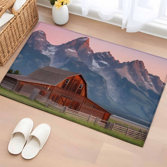 Area Rug 2x3ft Rustic Red Barn Snow Mountain Area Rugs Washable Low Pile Floor Carpet for Bedroom, Farmhouse Natural Scenery Non Slip Soft Rugs for Living Room Entryway Dining Room