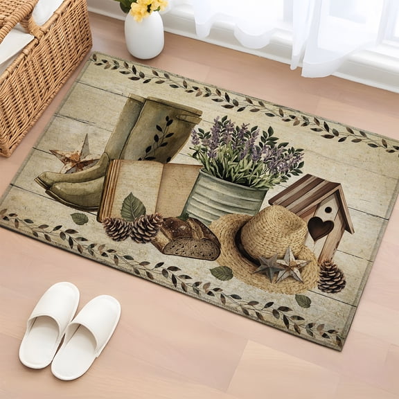 Area Rug 2x3ft Rustic Retro Book Boot Cap Area Rugs Washable Low Pile Floor Carpet for Bedroom, Vintage Farmhouse Wood Board Non Slip Soft Rugs for Living Room Entryway Dining Room