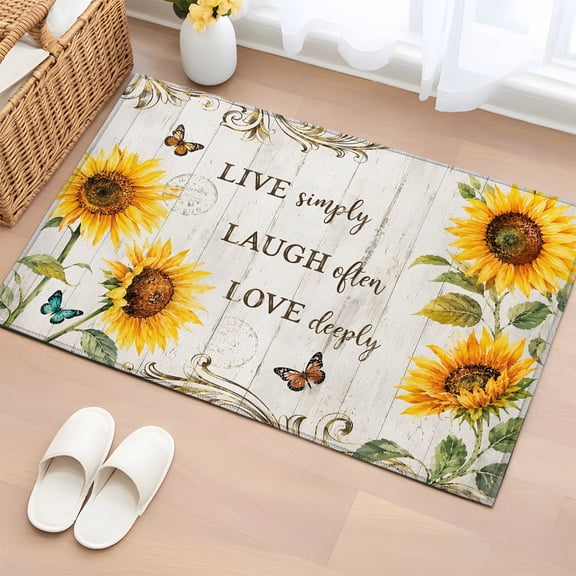 Area Rug 2x3ft, Rustic Sunflower Butterfly Live Quote Washable Rugs for Living Room Bedroom, Floral Retro Wood Plank Soft Non-slip Area Rugs Rectangle Floor Carpet for Dining Room