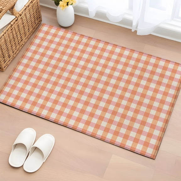 Area Rug 2x3ft Rustic Vintage Buffalo Plaid Area Rugs Washable Low Pile Floor Carpet for Bedroom, Farmhouse Retro Orange Check Non Slip Soft Rugs for Living Room Entryway Dining Room