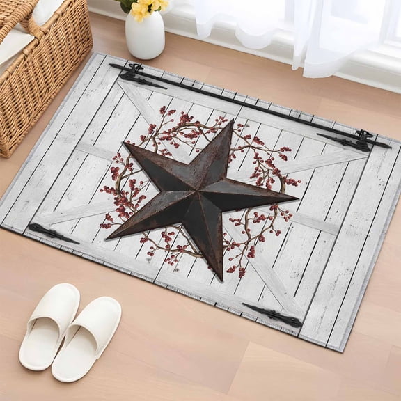Area Rug 2x3ft Rusty Barn Star Berry Carpets Indoor Floor Area Mat Doormat Entrance Mat Rugs for Entry Living Room Dining Room Kitchen Bedroom, Rustic Farmhouse Door Wall Sofa Throw Carpet