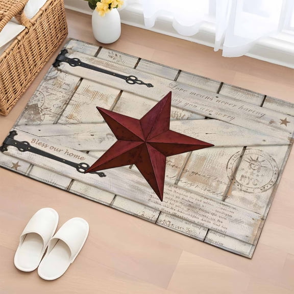 Area Rug 2x3ft Rusty Barn Star Doors Carpets Indoor Floor Area Mat Doormat Entrance Mat Rugs for Entry Living Room Dining Room Kitchen Bedroom, Red Retro Rustic Walls Sofa Throw Carpet