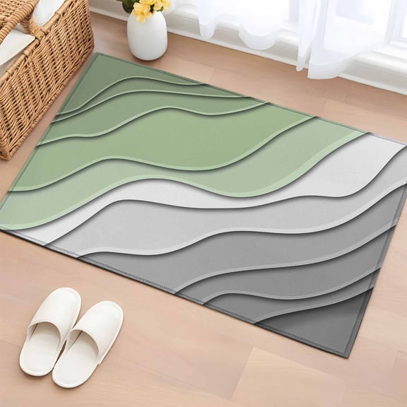 Area Rug 2x3ft Sage Green Gradient Stripe Ripple Area Rugs Washable Low Pile Floor Carpet for Bedroom, White Gray Abstract Line Non Slip Soft Rugs for Living Room Entryway Dining Room