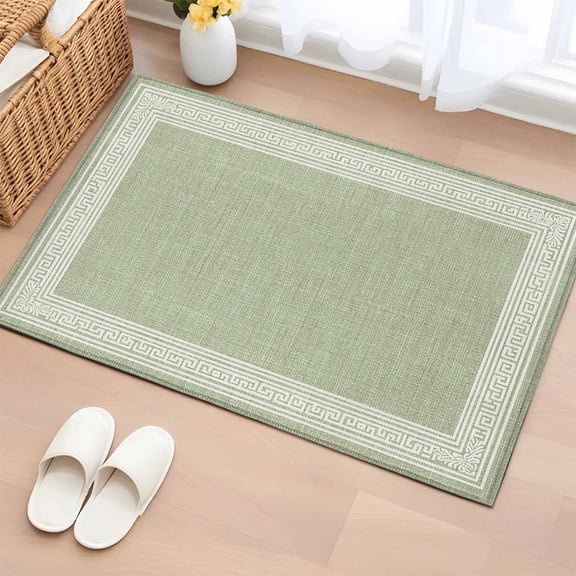 Area Rug 2x3ft, Sage Green Linen Burlap Key Washable Rugs for Living Room Bedroom, Abstract Greek Inspired Texture Soft Non-slip Area Rugs Rectangle Floor Carpet for Dining Room