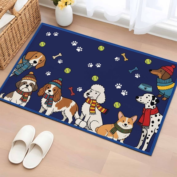 Area Rug 2x3ft Scarf Dog Carpets Indoor Floor Area Mat Doormat Entrance Mat Rugs for Entry Living Room Dining Room Kitchen Bedroom, Puppy Animal Paw Print Tennis Ball Blue Sofa Throw Carpet