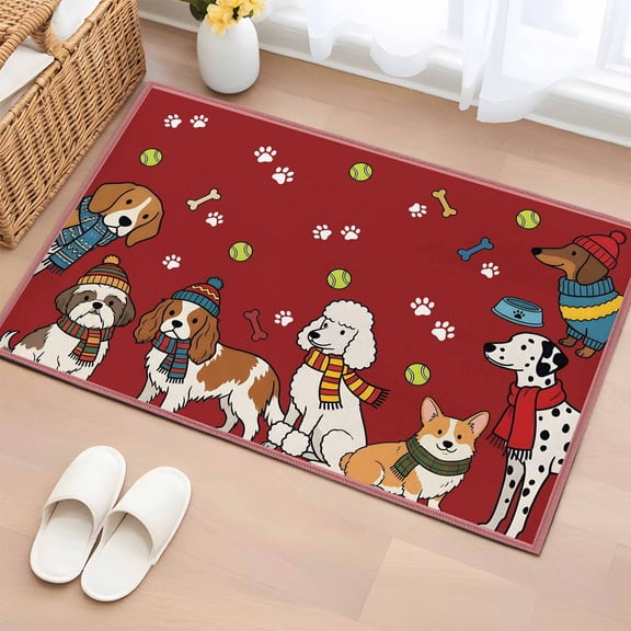 Area Rug 2x3ft Scarf Dog Carpets Indoor Floor Area Mat Doormat Entrance Mat Rugs for Entry Living Room Dining Room Kitchen Bedroom, Puppy Animal Paw Print Tennis Ball Red Sofa Throw Carpet