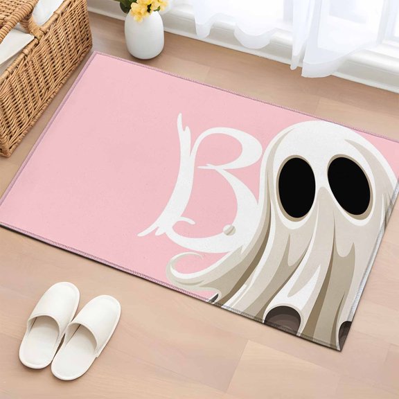 Area Rug 2x3ft, Scary Halloween Ghost Washable Rugs for Living Room Bedroom, Boo White Pink Soft Non-slip Area Rugs Rectangle Floor Carpet for Dining Room