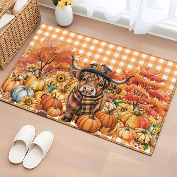 Area Rug 2x3ft, Scottish Highland Cow Washable Rugs for Living Room Bedroom, Country Pumpkins Check Soft Non-slip Area Rugs Rectangle Floor Carpet for Dining Room
