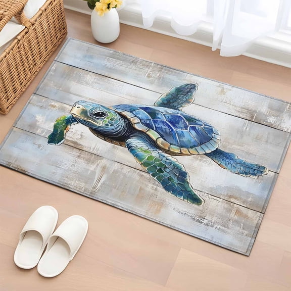 Area Rug 2x3ft, Sea Turtle on Farm Wood Board Washable Rugs for Living Room Bedroom, Retro Striped Background Soft Non-slip Area Rugs Rectangle Floor Carpet for Dining Room