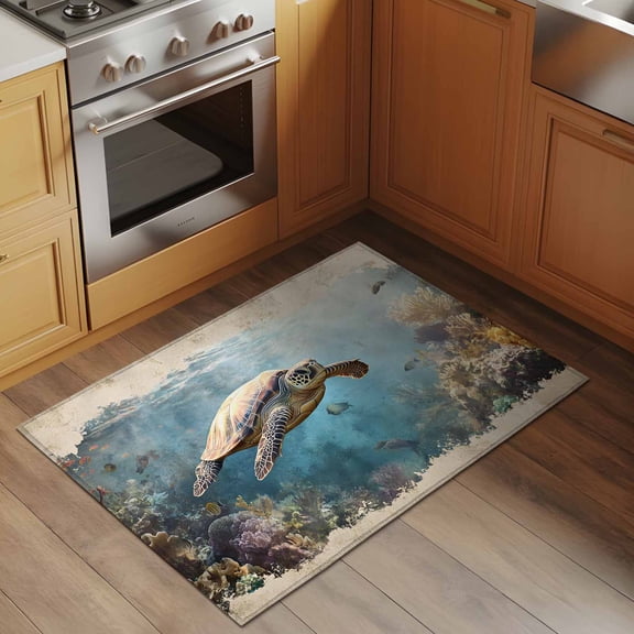 Area Rug 2x3ft Sea Turtle Washable Area Rugs for Living Room Coral Reef Fish Non-Slip Kitchen Mats Soft Carpet for Entryway, Bathroom, Office, and Home Decor