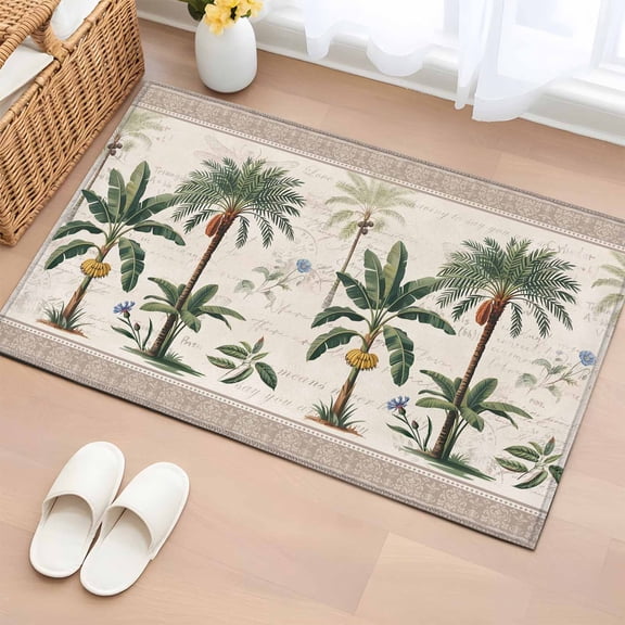 Area Rug 2x3ft Serene Botanical Print Area Rugs Washable Low Pile Floor Carpet for Bedroom, Beige Border Weathered Textures Non Slip Soft Rugs for Living Room Entryway Dining Room