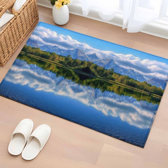 Area Rug 2x3ft Snow Capped Mountain Area Rugs Washable Low Pile Floor Carpet for Bedroom, Lake Reflection Non Slip Soft Rugs for Living Room Entryway Dining Room