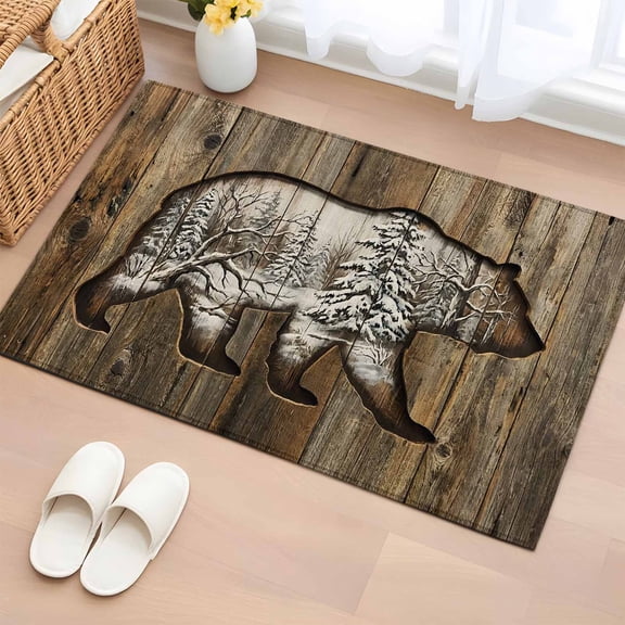Area Rug 2x3ft Snowy Forest Bear Carpets Indoor Floor Area Mat Doormat Entrance Mat Rugs for Entry Living Room Dining Room Kitchen Bedroom, Animal Brown Wood Grain Sofa Throw Carpet