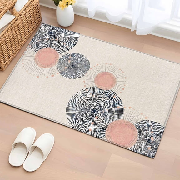 Area Rug 2x3ft Soft Blush Circles Area Rugs Washable Low Pile Floor Carpet for Bedroom, Retro Delicate Line on Linen Non Slip Soft Rugs for Living Room Entryway Dining Room