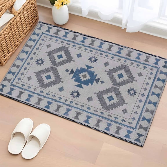 Area Rug 2x3ft Southwestern Tribal Geometric Area Rugs Washable Low Pile Floor Carpet for Bedroom, Retro Aztec Blue Diamond Non Slip Soft Rugs for Living Room Entryway Dining Room