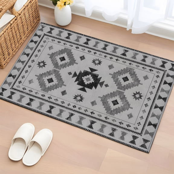Area Rug 2x3ft, Southwestern Tribal Geometric Washable Rugs for Living Room Bedroom, Retro Aztec Gray Diamond Soft Non-slip Area Rugs Rectangle Floor Carpet for Dining Room