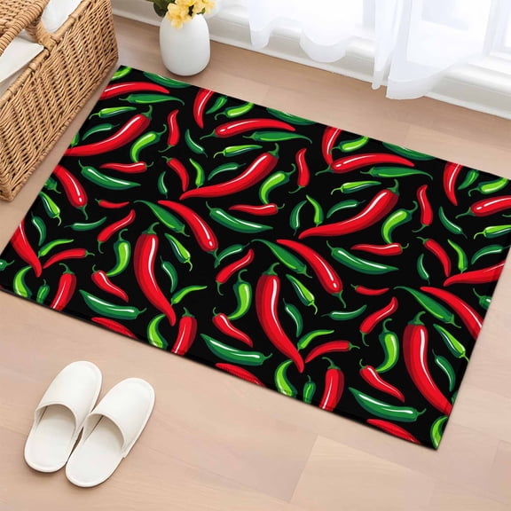 Area Rug 2x3ft Spicy Chili Pepper Pattern Area Rugs Washable Low Pile Floor Carpet for Bedroom, Red Green Peppers on Black Non Slip Soft Rugs for Living Room Entryway Dining Room