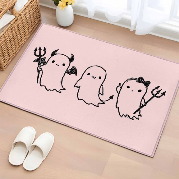 Area Rug 2x3ft, Spooky Halloween Ghost on Pink Washable Rugs for Living Room Bedroom, Cute Black Sketch Soft Non-slip Area Rugs Rectangle Floor Carpet for Dining Room