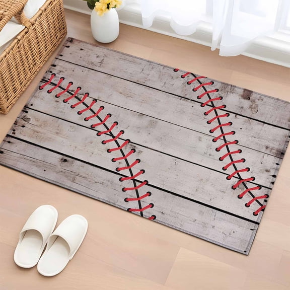 Area Rug 2x3ft Sports Baseball Texture Red Lines Area Rugs Washable Low Pile Floor Carpet for Bedroom, Farm Wooden Plank Non Slip Soft Rugs for Living Room Entryway Dining Room