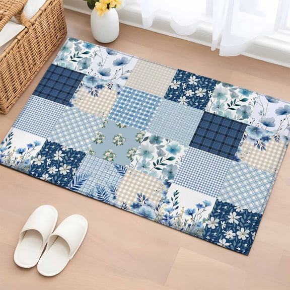 Area Rug 2x3ft Spring Blue Flower Checkered Area Rugs Washable Low Pile Floor Carpet for Bedroom, Pastoral Blossom Floral Plant Non Slip Soft Rugs for Living Room Entryway Dining Room