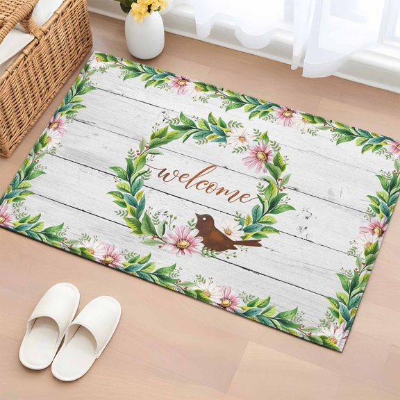 Area Rug 2x3ft Spring Flower Wreath Welcome Quote Area Rugs Washable Low Pile Floor Carpet for Bedroom, Retro Farmhouse Plank Non Slip Soft Rugs for Living Room Entryway Dining Room