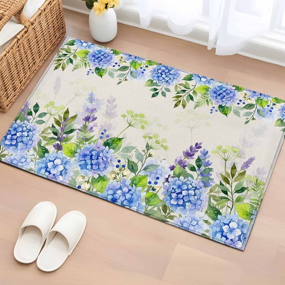 Area Rug 2x3ft Spring Garden Hydrangea Flower Area Rugs Washable Low Pile Floor Carpet for Bedroom, Blue Purple Floral on Linen Non Slip Soft Rugs for Living Room Entryway Dining Room