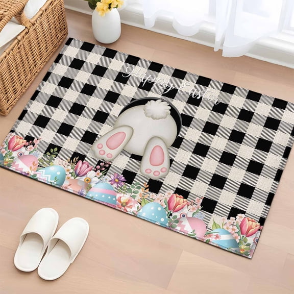 Area Rug 2x3ft, Spring Happy Easter Cute Bunny Tail Eggs Washable Rugs for Living Room Bedroom, Black White Buffalo Plaid Soft Non-slip Area Rugs Rectangle Floor Carpet for Dining Room