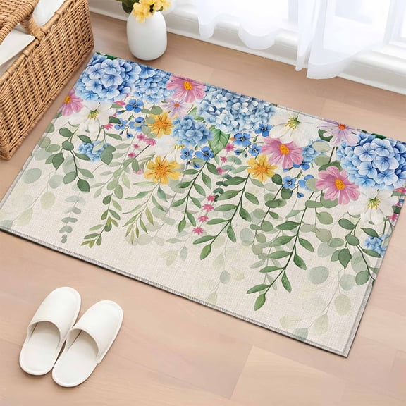 Area Rug 2x3ft, Spring Hydrangeas Eucalyptus Leaves Washable Rugs for Living Room Bedroom, Vintage Botantical Soft Non-slip Area Rugs Rectangle Floor Carpet for Dining Room