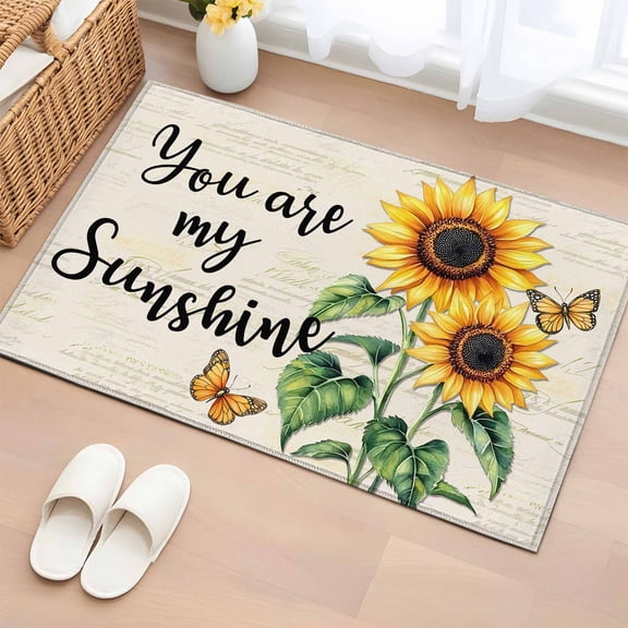 Area Rug 2x3ft Spring Rustic Sunflower Butterfly Area Rugs Washable Low Pile Floor Carpet for Bedroom, Sunshine Text on Retro Letter Non Slip Soft Rugs for Living Room Entryway Dining Room