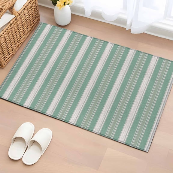 Area Rug 2x3ft, Spring Sage White Stripes Washable Rugs for Living Room Bedroom, Olive Tones Lines Soft Non-slip Area Rugs Rectangle Floor Carpet for Dining Room