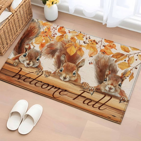 Area Rug 2x3ft Squirrel Autumn Tree Deciduous Farm Animal Area Rugs Washable Low Pile Floor Carpet for Bedroom, Vintage Wood Board Non Slip Soft Rugs for Living Room Entryway Dining Room