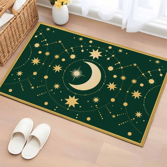Area Rug 2x3ft Stars Moon Carpets Indoor Floor Area Mat Doormat Entrance Mat Rugs for Entry Living Room Dining Room Kitchen Bedroom, Green Bohemian Gorgeous Starry Night Sofa Throw Carpet