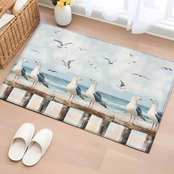 Area Rug 2x3ft, Summer Beach Bird Seagull Washable Rugs for Living Room Bedroom, Ombre Ocean Retro Fence Soft Non-slip Area Rugs Rectangle Floor Carpet for Dining Room