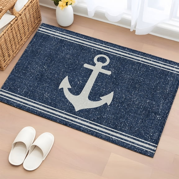 Area Rug 2x3ft, Summer Coastal Ocean Anchor Washable Rugs for Living Room Bedroom, Nautical Navy Blue Linen Texture Soft Non-slip Area Rugs Rectangle Floor Carpet for Dining Room