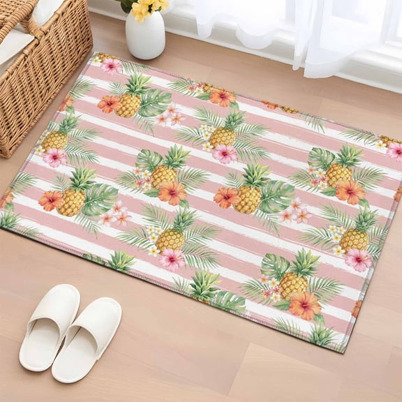 Area Rug 2x3ft Summer Fruit Pineapple Area Rugs Washable Low Pile Floor Carpet for Bedroom, Pink White Striped Background Non Slip Soft Rugs for Living Room Entryway Dining Room