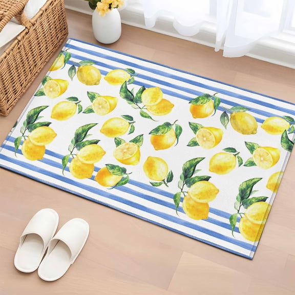 Area Rug 2x3ft Summer Lemon Blue Stripes Area Rugs Washable Low Pile Floor Carpet for Bedroom, Pastoral Green Leaves Non Slip Soft Rugs for Living Room Entryway Dining Room