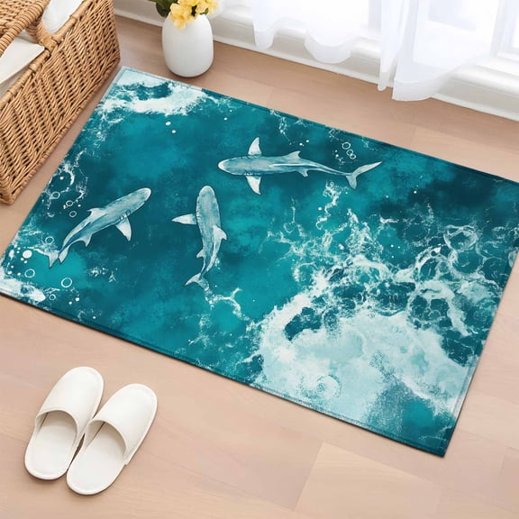 Area Rug 2x3ft Summer Nautical Marine Shark Area Rugs Washable Low Pile Floor Carpet for Bedroom, Watercolor Underwater Creature Non Slip Soft Rugs for Living Room Entryway Dining Room