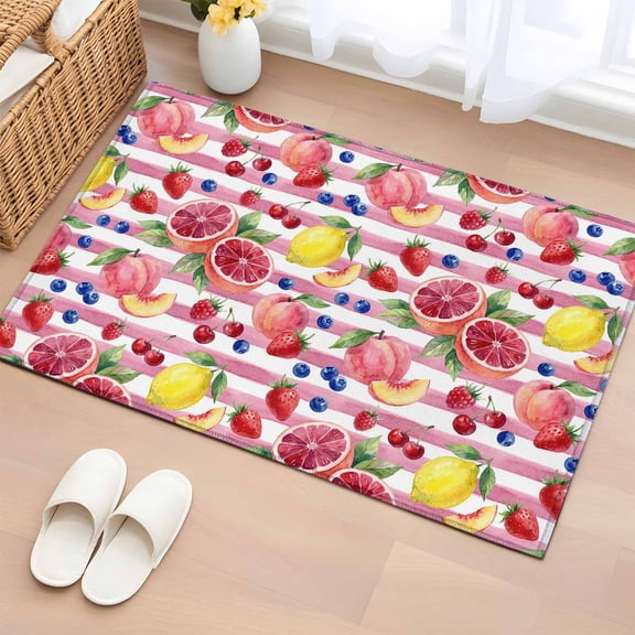 Area Rug 2x3ft Summer Peach Lemon Grapefruit Area Rugs Washable Low Pile Floor Carpet for Bedroom, Blueberry Strawberry Pink Stripe Non Slip Soft Rugs for Living Room Entryway Dining Room