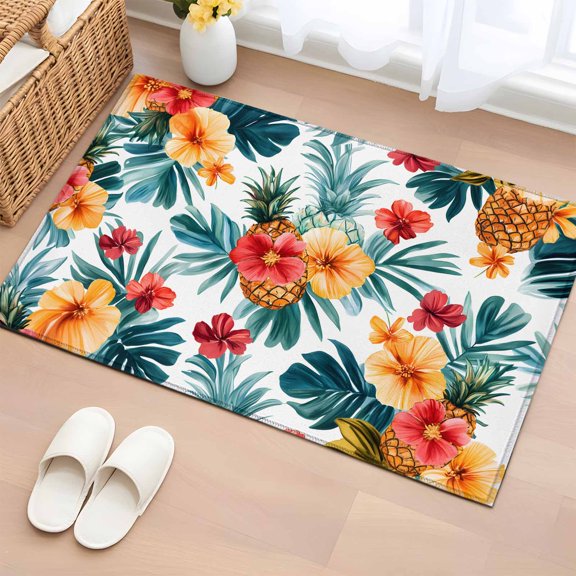Area Rug 2x3ft Summer Pineapple Flower Area Rugs Washable Low Pile Floor Carpet for Bedroom, Tropical Palm Leaves Non Slip Soft Rugs for Living Room Entryway Dining Room