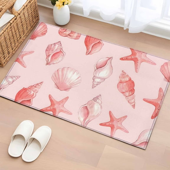 Area Rug 2x3ft Summer Pink Conch Shell Starfish Area Rugs Washable Low Pile Floor Carpet for Bedroom, Coastal Ocean Creature Non Slip Soft Rugs for Living Room Entryway Dining Room