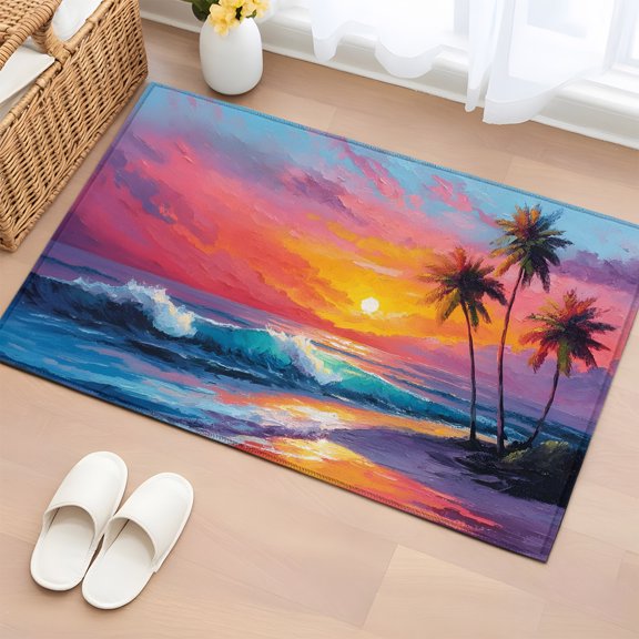 Area Rug 2x3ft Summer Sea Waves Palm Trees Area Rugs Washable Low Pile Floor Carpet for Bedroom, Watercolor Sunset Non Slip Soft Rugs for Living Room Entryway Dining Room