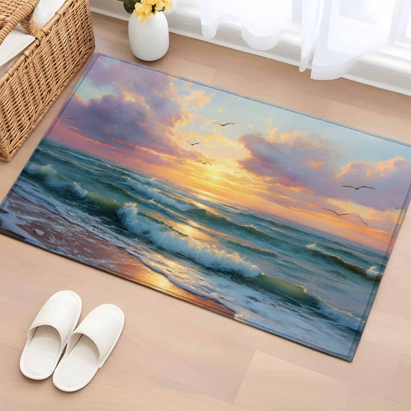 Area Rug 2x3ft, Summer Seaside Sunset Seagull Washable Rugs for Living Room Bedroom, Coastal Ocean Beach Theme Soft Non-slip Area Rugs Rectangle Floor Carpet for Dining Room